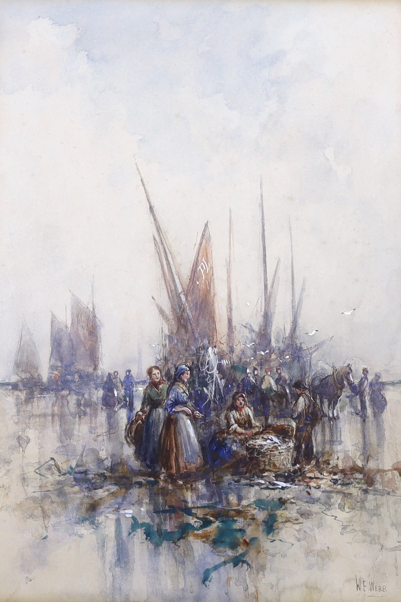 William Edward Webb (1862-1903), watercolour, Fisherwoman before boats, signed, Mackay Gallery label verso, 33 x 23cm